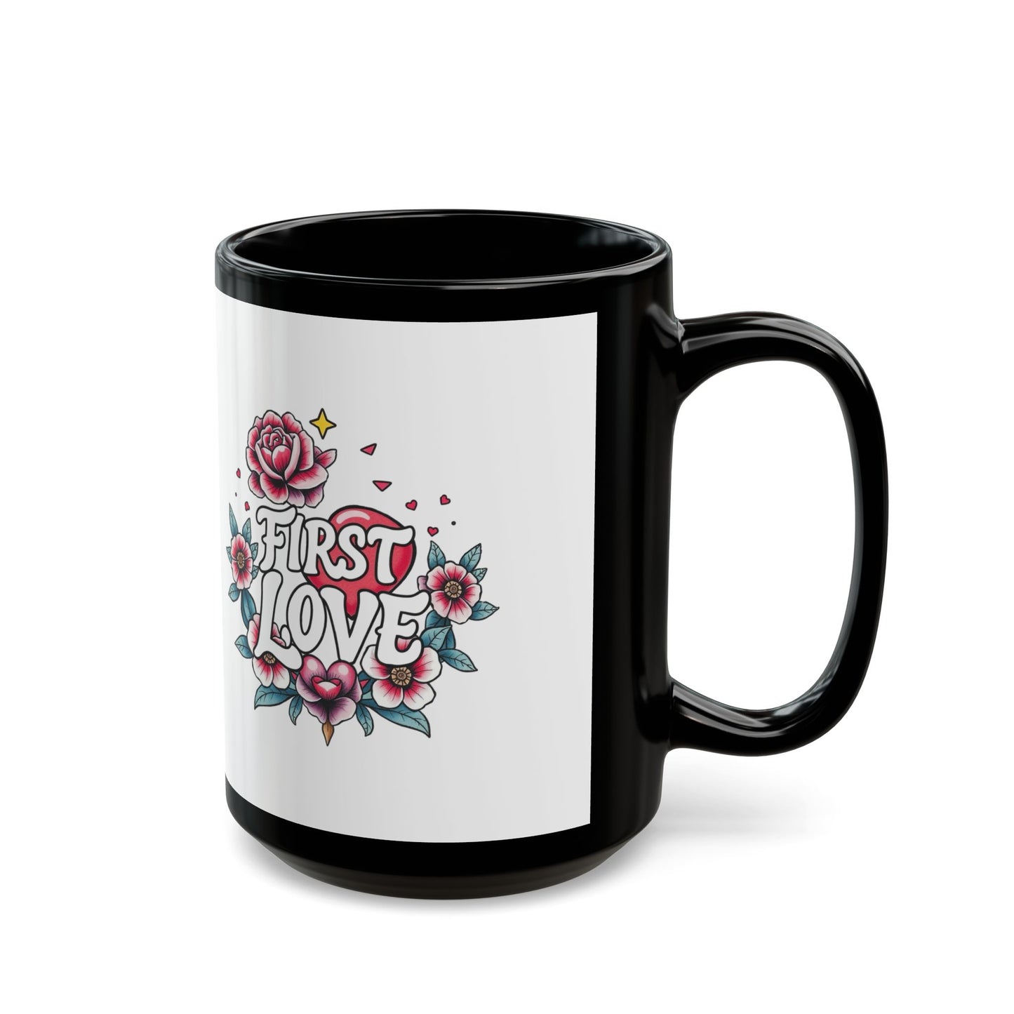 Romantic Floral Black Mug - First Love Design