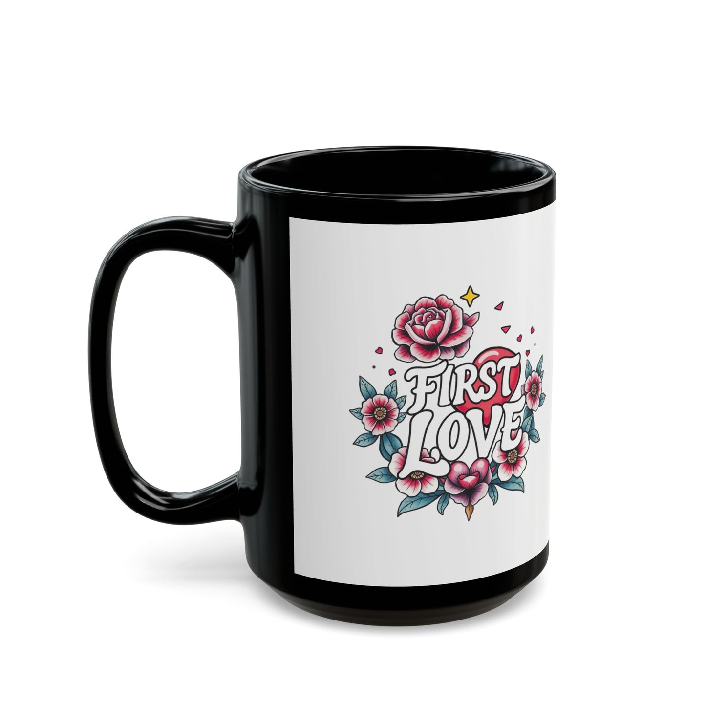 Romantic Floral Black Mug - First Love Design