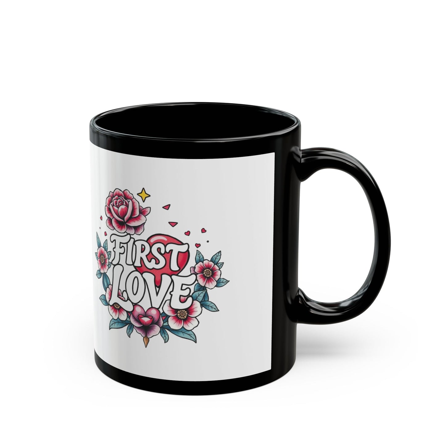 Romantic Floral Black Mug - First Love Design